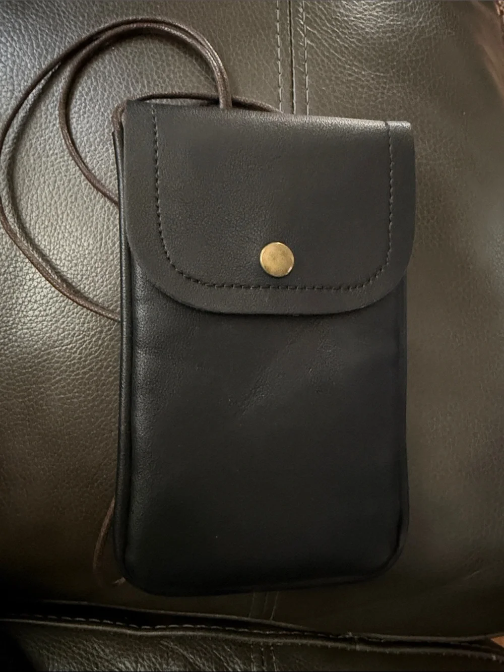 Black Leather Crossbody Phone Pouch with Brass Snap 7 length 4 1/2 wide
